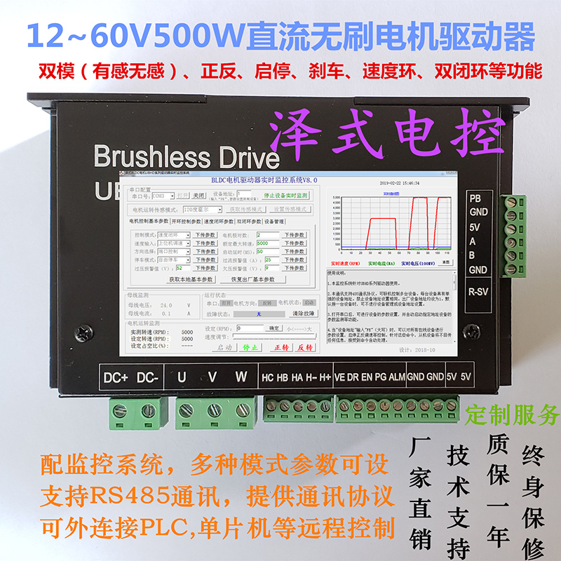 12-60V500W UBHD-6048L直流无刷电机驱动器 (双模方波 485监控) 