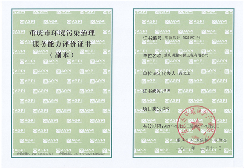 重庆市环境污染治理服务能力评价证书（副本）